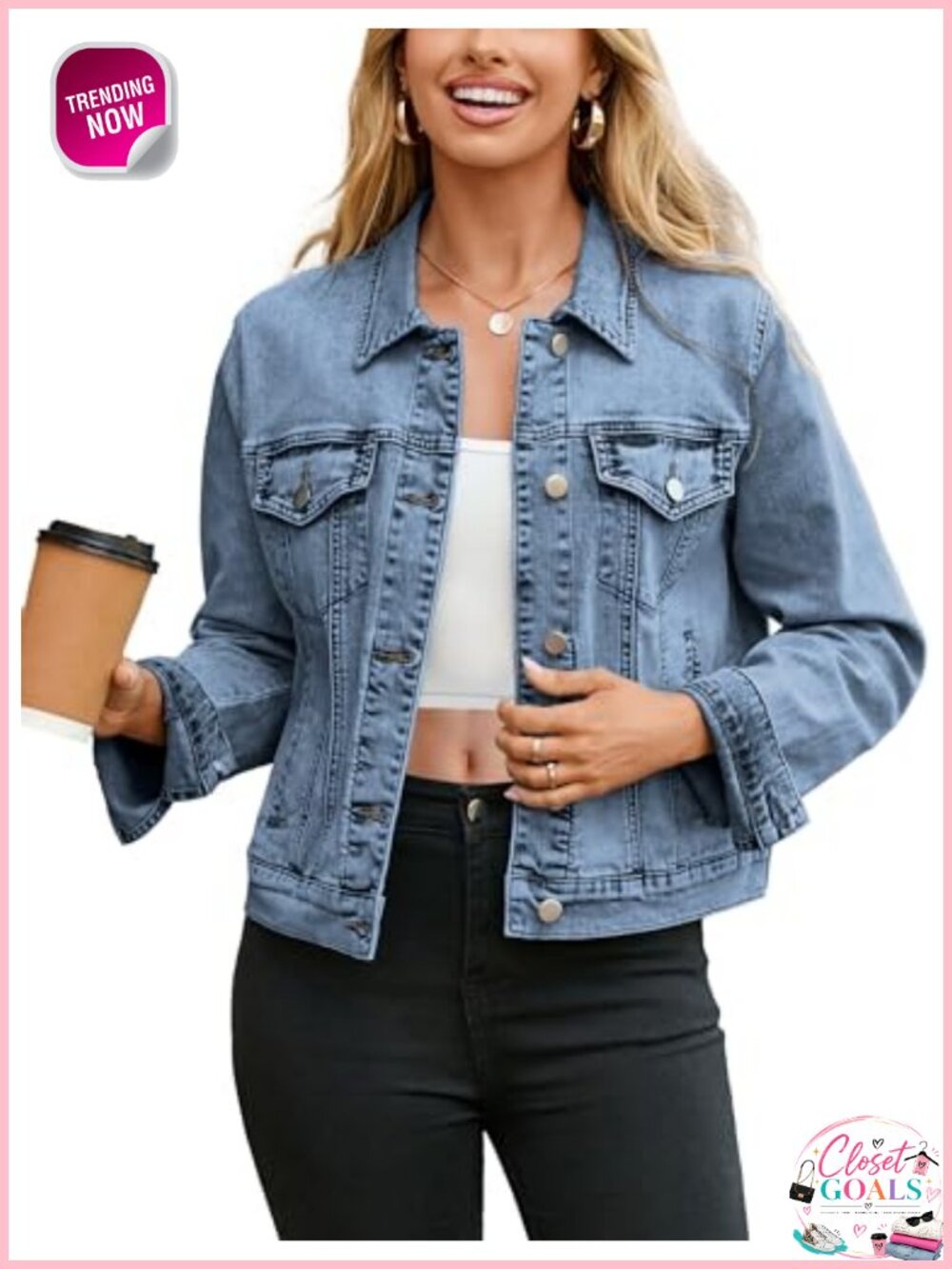 Womens Denim Jacket Cotton Elastane Button Down Western Trucker Coat Pockets